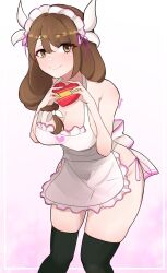 Rule 34 | apron, blush, breasts, brown eyes, brown hair, fire emblem, fire emblem engage, gift, goldmary (fire emblem), heart, heart print, highres, holding, holding gift, large breasts, looking at viewer, maid apron, naked apron, nintendo, serafineart1001, side ponytail, smile, thighhighs, valentine, white apron
