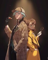 Rule 34 | 1boy, 1girl, absurdres, brown coat, brown hair, closed mouth, coat, commentary request, creatures (company), ddiyong.e, detective, from side, game freak, gloves, green eyes, green hair, hand on own hip, hat, highres, holding, holding magnifying glass, holding smoking pipe, jacket, korean commentary, long sleeves, magnifying glass, nintendo, official alternate costume, open clothes, open coat, open mouth, plaid, plaid coat, plaid headwear, pokemon, pokemon masters ex, shauna (pokemon), shauna (special costume) (pokemon), short hair, skirt, smile, smoking pipe, spotlight, steven stone, steven stone (special costume), white gloves, yellow jacket, yellow skirt