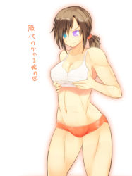 Rule 34 | 1girl, aqua eyes, breast conscious, breasts, brown hair, cleavage, heterochromia, highres, large breasts, navel, onibi (foxhound4185), original, patchwork girl (onibi), ponytail, purple eyes, short hair, simple background, solo, torn clothes, translation request, underwear