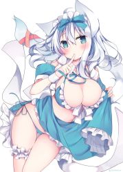 Rule 34 | 1girl, animal ears, bikini, blue bikini, blue eyes, blue skirt, bow, breasts, cat ears, cat girl, cat tail, cleavage, commentary request, cowboy shot, detached collar, detached sleeves, frilled bikini, frills, hair between eyes, hair bow, highres, index finger raised, large breasts, bridal garter, long hair, looking at viewer, original, puffy short sleeves, puffy sleeves, satsuki mayuri, short sleeves, side-tie bikini bottom, simple background, skirt, solo, swimsuit, tail, tail raised, thigh gap, thighs, twitter username, white background, white hair