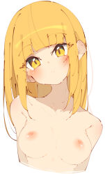 Rule 34 | 1girl, absurdres, arms behind back, blonde hair, blunt bangs, blush, boku no hero academia, breasts, closed mouth, collarbone, completely nude, cropped torso, dot nose, hair down, highres, light frown, linea alba, long hair, looking at viewer, medium breasts, nipples, nude, rasusurasu, shoulder blush, sidelocks, simple background, solo, straight hair, toga himiko, tsurime, upper body, white background, yellow eyes