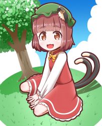 Rule 34 | 1girl, :3, :d, animal ear fluff, animal ears, blunt bangs, bow, bowtie, brown eyes, brown hair, cat ears, cat tail, chen, cloud, day, dress, earrings, gold trim, grass, hat, highres, jewelry, looking at viewer, mob cap, multiple tails, nekomata, open mouth, outdoors, red dress, roco (katsuya1011), short hair, single earring, sitting, smile, solo, tail, touhou, tree, two tails, wariza, yellow bow, yellow bowtie