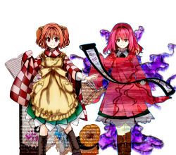 Rule 34 | 1girl, apron, aura, bell, blush, book, boots, checkered clothes, checkered kimono, clothes writing, dark persona, darkness, dual persona, forbidden scrollery, hair bell, hair down, hair intakes, hair ornament, highres, japanese clothes, kimono, motoori kosuzu, orange hair, red eyes, scroll, short twintails, skirt, smile, tk31, touhou, twintails, wide sleeves