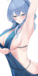Rule 34 | 1girl, absurdres, ako (blue archive), ako (dress) (blue archive), arm up, armpits, ass, black hairband, blue archive, blue dress, blue eyes, blue hair, blue halo, blush, breasts, closed mouth, dress, hair between eyes, hairband, halo, highres, large breasts, long hair, official alternate costume, sideboob, simple background, sleeveless, sleeveless dress, solo, toukaiseiya, twisted torso, white background