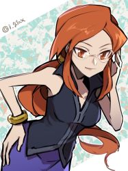 Rule 34 | 1girl, black shirt, bracelet, breasts, commentary request, creatures (company), game freak, glasses, hair tie, hand on own hip, hand up, highres, i g1ax, jewelry, long hair, lorelei (pokemon), nintendo, orange eyes, orange hair, pokemon, pokemon frlg, purple skirt, shirt, skirt, sleeveless, sleeveless shirt, smile, solo, twitter username