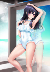 Rule 34 | 1girl, against glass, arm up, black hair, breasts, casual one-piece swimsuit, covered navel, feet out of frame, frilled one-piece swimsuit, frills, hibike! euphonium, highres, kousaka reina, long hair, looking at viewer, medium breasts, natme24, one-piece swimsuit, purple eyes, reflection, solo, swimsuit, white one-piece swimsuit