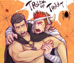 Rule 34 | 2boys, anger vein, arguing, bara, black hair, brooch, brown eyes, brown hair, bug, crave saga, dragon boy, dragon horns, english text, facial hair, fangs, highres, horns, jewelry, key, key necklace, looking at another, male focus, multicolored hair, multiple boys, mummy costume, muscular, muscular male, necklace, open mouth, orange background, pectorals, pointy ears, red eyes, red hair, safu (maimai3737), scales, short hair, silk, spider, spider web, tagmard (crave saga), topless, trick or treat, two-tone hair, undercut, vampire costume, vastor (crave saga), yaoi