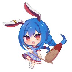 Rule 34 | 1girl, absurdres, animal ears, blood, bloody weapon, blue dress, blue hair, blush, braid, chibi, commentary request, crescent, crescent print, dress, eyelashes, full body, grey socks, hair between eyes, hair ornament, hammer, hand up, highres, leg up, long hair, looking to the side, no shoes, open mouth, puffy short sleeves, puffy sleeves, rabbit ears, red eyes, sakikagami, seiran (touhou), short sleeves, simple background, smile, socks, solo, standing, standing on one leg, star (symbol), star print, teeth, tongue, touhou, transparent background, twintails, v-shaped eyebrows, weapon, white background