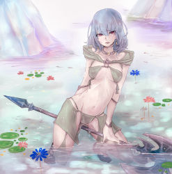 Rule 34 | 10s, 1girl, artist request, breasts, cleavage, final fantasy, final fantasy xiv, halberd, hood, hyur, navel, partially submerged, polearm, pond, purple eyes, revealing clothes, silver hair, small breasts, solo, water, weapon, wet, wet hair