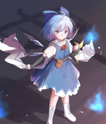 Rule 34 | 1girl, ascot, blue dress, blue eyes, blue hair, blush, boots, cirno, clenched hand, closed mouth, cross-laced footwear, detached wings, dress, hair between eyes, highres, ice, ice wings, lace-up boots, lbcirno9, looking at viewer, red ascot, scarf, short hair, solo, touhou, twitter username, white footwear, wings