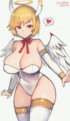 Rule 34 | 1girl, angel (monster farm), babayaga 13lood, blonde hair, blush, breasts, cleavage, detached sleeves, feathered wings, grey background, halo, head wings, heart, highres, large breasts, leotard, looking at viewer, monster farm, neck ribbon, red eyes, red ribbon, ribbon, short hair, simple background, smile, solo, spoken heart, thighhighs, white leotard, white thighhighs, white wings, wings