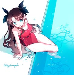 Rule 34 | 1girl, blue eyes, brown hair, byulrorqual, fate/stay night, fate (series), hair ribbon, long hair, one-piece swimsuit, pool, red one-piece swimsuit, ribbon, sitting, soaking feet, solo, swimsuit, tohsaka rin, two side up