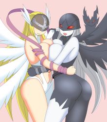 Rule 34 | 2girls, absurdres, angel, angel and devil, angel wings, angewomon, ass, bare shoulders, blonde hair, blush, bodysuit, breast press, breasts, catsuit, cleavage, clothing cutout, demon girl, digimon, elbow gloves, fangs, gloves, helmet, highres, ladydevimon, large breasts, long hair, mask, multiple girls, multiple wings, navel cutout, pale skin, red eyes, ribbon, silver hair, single glove, skin tight, smile, somegu, symmetrical docking, torn clothes, very long hair, visor, wings