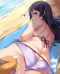 Rule 34 | 1girl, ass, ass cutout, beach, beach towel, bikini, blush, breasts, butt crack, clothing cutout, commentary request, day, dutch angle, fate/grand order, fate (series), from behind, heart, highres, horizon, keyhole bikini, large breasts, long hair, looking at viewer, looking back, lotion, lying, minamoto no raikou (fate), moisture (chichi), ocean, on side, outdoors, purple bikini, purple eyes, purple hair, sand, side-tie bikini bottom, skindentation, solo focus, spoken heart, squeeze bottle, sunscreen, swimsuit, towel, very long hair, water