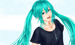 Rule 34 | 1girl, aqua eyes, aqua hair, bad id, bad pixiv id, green eyes, green hair, hatsune miku, jewelry, long hair, looking at viewer, matching hair/eyes, nakacha, necklace, open mouth, pendant, realistic, smile, solo, twintails, vocaloid