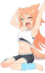 Rule 34 | 1girl, armpits, arms up, bare shoulders, barefoot, bike shorts, black shorts, blue leg warmers, breasts, commentary request, crop top, fang, from side, full body, green eyes, highres, leg warmers, linea-chan (owasaki), looking at viewer, midriff, navel, one eye closed, open mouth, orange hair, original, outstretched arm, owasaki, shorts, sideways glance, simple background, sitting, sleepy, small breasts, solo, sports bra, stomach, tail, tank top, tears, thick eyebrows, wariza, white background, white tank top, yawning