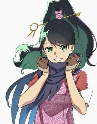 Rule 34 | 1girl, ace attorney, ace attorney investigations, black hair, blue scarf, brown gloves, gloves, green eyes, hachi kou, high ponytail, highres, karakusa (pattern), kay faraday, key hair ornament, long hair, looking at viewer, open mouth, pink shirt, ponytail, scarf, shirt, short sleeves, simple background, sleeves rolled up, smile, solo, swept bangs, two-tone shirt, upper body, white background, wide ponytail
