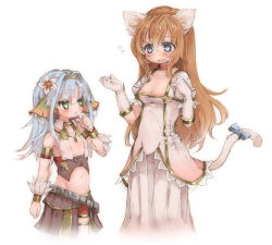 Rule 34 | 2girls, animal ears, armlet, blue eyes, blue hair, blue ribbon, blush, breasts, brown hair, cat ears, cat tail, choker, ciel nosurge, cleavage, cosplay, costume switch, eyebrows, flower, flying sweatdrops, gloves, green eyes, hair between eyes, hair flower, hair ornament, ionasal kkll preciel, kureudon, long hair, looking at another, medium breasts, multiple girls, navel, open mouth, pleated skirt, puffy short sleeves, puffy sleeves, ribbon, sarly planck, shirt, short sleeves, simple background, skirt, small breasts, surge concerto, tail, tail ornament, tail ribbon, white background, white gloves, white shirt, white skirt