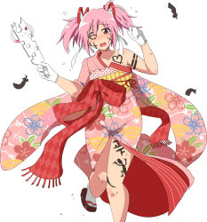 Rule 34 | 1girl, alternate costume, bare shoulders, body writing, drawing on another&#039;s face, facepaint, floral print, gloves, hagoita, hair ornament, hair ribbon, hanetsuki, happy new year, japanese clothes, kaname madoka, kaname madoka (haregi ver.), kimono, kyubey, mahou shoujo madoka magica, new year, obi, oman (evld), one eye closed, open mouth, paddle, pink eyes, pink hair, ribbon, sash, short twintails, solo, tabi, twintails, two side up, white gloves, wide sleeves