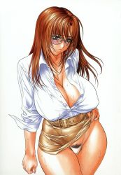 Rule 34 | 1girl, blue eyes, blush, breasts, brown hair, cleavage, clothes lift, covered erect nipples, cowboy shot, curvy, dress shirt, female pubic hair, glasses, highleg, highleg panties, highres, hip focus, huge breasts, inoue takuya, large breasts, panties, pencil skirt, plump, pubic hair, shirt, shirt tucked in, simple background, skirt, skirt lift, sleeves rolled up, solo, sweat, thick thighs, thighs, underwear, white background, white panties, wide hips