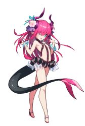 Rule 34 | 10s, 1girl, absurdres, adapted costume, bad id, bad twitter id, bare legs, black skirt, blue eyes, bracelet, breasts, elizabeth bathory (fate), elizabeth bathory (fate/extra ccc), elizabeth bathory (first ascension) (fate), fate/extra, fate/extra ccc, fate (series), flower, full body, hair flower, hair ornament, highres, horns, jewelry, kaki gohri, long hair, looking at viewer, microskirt, nail polish, one eye closed, pink hair, pink nails, pointy ears, simple background, skirt, small breasts, smile, solo, white background, white flower
