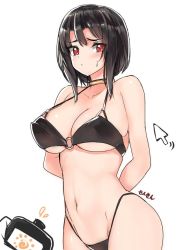 Rule 34 | 10s, 1girl, alternate costume, arms behind back, bikini, black bikini, black hair, breasts, embarrassed, covered erect nipples, female focus, highleg, highleg swimsuit, kantai collection, large breasts, looking at viewer, o-ring, o-ring top, red eyes, sensen, short hair, sideboob, simple background, solo, standing, swimsuit, takao (kancolle), underboob