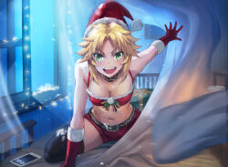 Rule 34 | bed, blonde hair, breasts, cellphone, christmas, christmas lights, commentary request, fate/grand order, fate (series), gift, gloves, green eyes, hat, medium breasts, mordred (fate), mordred (fate/apocrypha), night, phone, red gloves, santa hat, smartphone, smile, snow, tomboy, tonee