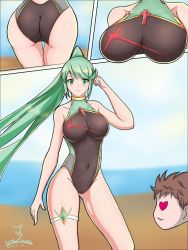 Rule 34 | 1boy, 1girl, 2020, ass, blush, breasts, brown hair, competition swimsuit, dated, gem, green eyes, green hair, headpiece, heart, heart-shaped eyes, jewelry, large breasts, long hair, looking at viewer, louise (ydgv2724), matching hair/eyes, nail polish, nintendo, one-piece swimsuit, pneuma (xenoblade), ponytail, pyra (pro swimmer) (xenoblade), pyra (xenoblade), rex (xenoblade), smile, spoilers, standing, swimsuit, thigh strap, thighs, tiara, very long hair, wings, xenoblade chronicles (series), xenoblade chronicles 2