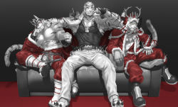Rule 34 | 3boys, abs, animal ears, antlers, arknights, bara, bare pectorals, black tank top, bulge, chain necklace, christmas, couch, dog tags, furry, furry male, highres, hood, hoodie, horns, jacket, jacket on shoulders, jewelry, large pectorals, leaning to the side, live a hero, looking at viewer, male focus, mask, mountain (arknights), multiple boys, muscular, muscular male, necklace, nimbus (world flipper), no nipples, official alternate costume, on couch, open clothes, open jacket, pants, pectoral cleavage, pectorals, red hoodie, red theme, reindeer antlers, ryekie (drunk tiger) (live a hero), ryekie (live a hero), santa costume, scar, scar across eye, scar on face, short hair, shoulder spikes, sidepec, sitting, skarltano, smug, spikes, spot color, tank top, tiger boy, tiger ears, white fur, white hair, white pants, world flipper
