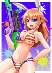 Rule 34 | 1girl, absurdres, american flag bikini, animal ears, bikini, blue eyes, blush, breasts, charlotte e. yeager, cleavage, collarbone, flag print, hand on own hip, highres, large breasts, long hair, looking at viewer, open mouth, orange hair, rabbit ears, rabbit girl, red liquid (artist), smile, solo, strike witches, swimsuit, water gun, world witches series