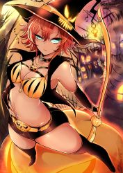 Rule 34 | 1girl, absurdres, agetama, aqua eyes, bikini, bikini top only, black shorts, breasts, dark skin, dark-skinned female, earrings, fingernails, halloween, hat, highres, jack-o&#039;-lantern, jewelry, large breasts, long hair, looking at viewer, nail polish, navel, necklace, original, pumpkin, red hair, shorts, skull, solo, swimsuit, witch, witch (agetama), witch hat, yellow nails