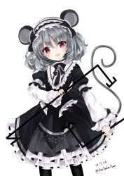 Rule 34 | 1girl, :d, alternate costume, animal ears, bad id, bad pixiv id, black dress, black hairband, black pantyhose, blush, dated, dowsing rod, dress, frilled dress, frilled hairband, frills, gothic lolita, grey hair, hair between eyes, hairband, head tilt, layered sleeves, lolita fashion, lolita hairband, long sleeves, looking at viewer, mouse ears, mouse girl, mouse tail, nanase nao, nazrin, open mouth, pantyhose, puffy long sleeves, puffy short sleeves, puffy sleeves, red eyes, short over long sleeves, short sleeves, simple background, smile, solo, tail, touhou, twitter username, white background