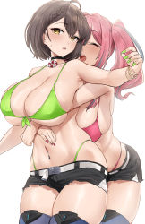 Rule 34 | 2girls, :d, ^ ^, absurdres, azur lane, baltimore (azur lane), bikini, bikini under clothes, black shorts, bracelet, breasts, bremerton (azur lane), bremerton (azur lane) (cosplay), brown hair, closed eyes, cosplay, fingernails, green bikini, green nails, highres, hotate-chan, hug, hug from behind, jewelry, large breasts, long hair, looking at viewer, multiple girls, nail polish, navel, navel piercing, open mouth, piercing, pink bikini, pink hair, red bikini, short hair, short shorts, shorts, simple background, smile, stomach, swimsuit, teeth, thighhighs, thighs, twintails, upper teeth only, white background, yellow eyes