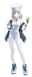 Rule 34 | 1girl, air jordan 1, alternate costume, animal ear fluff, animal ears, bare shoulders, blue archive, blue eyes, blue necktie, breasts, bright pupils, card, cleavage, closed mouth, collar, covered navel, cross-laced footwear, detached collar, full body, gloves, green gloves, grey hair, halo, hand on own hip, highres, holding, holding card, jacket, leotard, long sleeves, looking at viewer, medium breasts, medium hair, mismatched pupils, necktie, off shoulder, open clothes, open jacket, pantyhose, sagiri (ulpha220), shiroko (blue archive), shoes, simple background, single glove, smile, sneakers, solo, standing, white background, white collar, white leotard, white pantyhose, white pupils, wolf ears