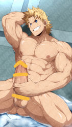 Rule 34 | 1boy, abs, alternate hairstyle, armpits, ass, bar censor, bara, belt, blonde hair, blue eyes, boku no hero academia, censored, completely nude, erection, grin, head tilt, highres, kuroshinki, large penis, looking at viewer, male focus, male masturbation, masturbation, muscular, muscular male, navel, nipples, nude, paid reward available, pectorals, penis, paid reward available, scar, scar on arm, short hair, sitting, smile, solo, spiked hair, spread legs, stomach, togata mirio, veins, veiny penis, watermark, wet