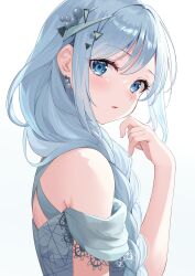 Rule 34 | 1girl, arm at side, bare shoulders, blue eyes, blush, braid, braided ponytail, commentary, dress, earrings, from side, gradient background, grey background, grey dress, grey hair, hair ornament, hair over shoulder, hairclip, hand up, highres, jewelry, kon (kon9d), long hair, looking at viewer, looking to the side, low ponytail, off-shoulder dress, off shoulder, official alternate costume, official alternate hairstyle, parted lips, pearl earrings, pearl hair ornament, project sekai, short sleeves, single braid, solo, tonari ni tatsu yasashii anata e (project sekai), upper body, white background, yoisaki kanade
