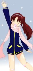 Rule 34 | 1girl, bare legs, female focus, gradient background, jacket, long sleeves, naked jacket, outdoors, saki (manga), scarf, solo, takakamo shizuno, track jacket