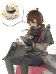 Rule 34 | 1boy, ahoge, animal, animal on shoulder, bag, belt, belt bag, bird, bird on shoulder, black gloves, black pants, blueberry, brown hair, closed eyes, coffee, commentary, feathers, food, fruit, gloves, granblue fantasy, hair between eyes, hand on own chin, holding, holding notepad, holding paper, holding quill, iwashi (morpho000), jacket, layered sleeves, male focus, messy hair, notepad, on bench, pants, paper, pouch, quill, sandalphon (granblue fantasy), sandalphon (valentine) (granblue fantasy), sitting, sketch, solo focus, sweater, symbol-only commentary, thinking, thought bubble, turtleneck, turtleneck sweater, unfinished, whipped cream, white background, white sweater