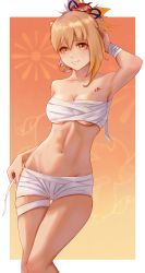Rule 34 | 1girl, absurdres, arm behind head, arm up, armpits, bandages, bandeau, bare shoulders, blonde hair, breasts, chest sarashi, chest tattoo, cleavage, collarbone, commentary, feet out of frame, genshin impact, grin, groin, hair between eyes, highres, looking at viewer, medium breasts, medium hair, midriff, n7grey, navel, ponytail, sarashi, skindentation, smile, solo, standing, stomach, strapless, tattoo, thighs, toned, tube top, wrist wrap, yellow eyes, yoimiya (genshin impact)