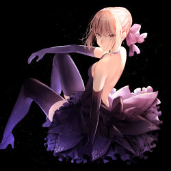 Rule 34 | 1girl, absurdres, artoria pendragon (all), artoria pendragon (fate), backless dress, backless outfit, bare shoulders, black background, black bow, black choker, black dress, black gloves, black ribbon, black thighhighs, blonde hair, bow, braid, braided bun, breasts, choker, dark persona, dress, elbow gloves, fate/stay night, fate (series), french braid, frilled dress, frills, from behind, gloves, hair bow, hair bun, high heels, highres, knees up, looking back, lq saku, ribbon, saber alter, simple background, single hair bun, sleeveless, sleeveless dress, small breasts, solo, strapless, strapless dress, thighhighs, yellow eyes