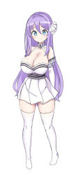 Rule 34 | 1girl, absurdres, bare shoulders, blue eyes, blush, breasts, cleavage, collarbone, detached sleeves, hair between eyes, hair ornament, haun (exodinary), highres, large breasts, long hair, looking at viewer, princess connect!, purple hair, ribbon, shizuru (princess connect!), sidelocks, simple background, smile, solo, split mouth, thighhighs, white background, white thighhighs