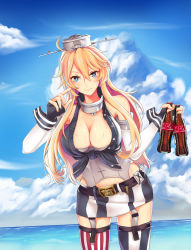 Rule 34 | 10s, 1girl, bare shoulders, blonde hair, blue eyes, breasts, bustier, cleavage, coca-cola, elbow gloves, fingerless gloves, front-tie top, garter straps, gloves, hair between eyes, headgear, iowa (kancolle), kantai collection, large breasts, leaning forward, long hair, looking at viewer, miniskirt, product placement, sirturner, skirt, smile, solo, standing, star-shaped pupils, star (symbol), sweat, symbol-shaped pupils, thighhighs, zettai ryouiki