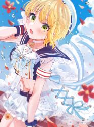 Rule 34 | 1girl, blonde hair, blue bow, blue bowtie, blue sailor collar, blue shirt, blue sky, blue wristband, blurry, blush, bow, bowtie, breasts, choker, cloud, collarbone, crop top, cropped shirt, depth of field, dot nose, falling petals, flower, from side, green eyes, hand on own face, hand up, hat, highres, idolmaster, idolmaster cinderella girls, idolmaster cinderella girls starlight stage, layered skirt, looking at viewer, medium breasts, midriff, miniskirt, miyamoto frederica, navel, open mouth, petals, red flower, rua (idv), sailor collar, sash, shirt, short hair, skirt, sky, solo, splashing, striped sash, striped wristband, sunflower, thigh strap, white choker, white hat, white sash, white skirt