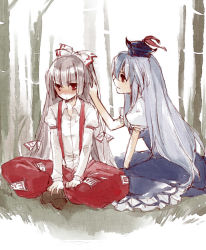 Rule 34 | 2girls, akr et, bad id, bad pixiv id, bamboo, bamboo forest, blue hair, blush, dress, embarrassed, faux traditional media, female focus, forest, fujiwara no mokou, hair ribbon, hand in own hair, hat, indian style, kamishirasawa keine, long hair, long sleeves, looking away, multiple girls, nature, painting (medium), pants, red eyes, ribbon, short sleeves, silver hair, sitting, smile, suspenders, touhou, traditional media, watercolor (medium)