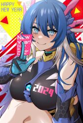 Rule 34 | 1girl, bare shoulders, black gloves, blue eyes, blue gloves, blue hair, breasts, collar, dragon horns, dragon tail, duel masters, duel masters play&#039;s, elbow gloves, gloves, happy new year, highres, horns, knee up, large breasts, meiho (takane 081), metal collar, new year, q.e.d. (duel masters), smile, solo, tail