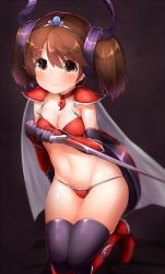 Rule 34 | 1girl, 3:, alternate breast size, armor, armored boots, bikini, bikini armor, black thighhighs, blurry, blush, boots, boruhis, breasts, brown eyes, brown hair, cape, choker, cleavage, closed mouth, cosplay, dark background, depth of field, elizabeth bathory (brave) (fate), elizabeth bathory (brave) (fate) (cosplay), elizabeth bathory (fate), eyebrows, eyelashes, fate/grand order, fate (series), gloves, groin, hair between eyes, holding, holding sword, holding weapon, horns, kantai collection, kneeling, looking at viewer, magatama, matching hair/eyes, navel, pauldrons, red bikini, red footwear, ryuujou (kancolle), shield, shiny skin, shoulder armor, skindentation, small breasts, solo, stomach, strap gap, string bikini, swimsuit, sword, thighhighs, tiara, twintails, vambraces, weapon, white cape