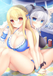 Rule 34 | 2girls, anchor necklace, back-to-back, beach, bikini, black bikini, black bow, blonde hair, blue eyes, blush, bow, braid, breasts, can, cleavage, closed mouth, coca-cola, collarbone, cooler, crown braid, day, drink can, hair between eyes, hair bow, hand up, highres, holding, holding hands, jewelry, jitome, knees up, large breasts, long hair, looking at viewer, manga (object), multiple girls, necklace, original, outdoors, parted lips, pocari sweat, red eyes, scrunchie, sidelocks, silver hair, sitting, smile, soda can, swimsuit, taiki ken, tareme, towel, tsurime, twintails, umbrella, wrist scrunchie