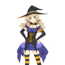 Rule 34 | 1girl, amelie mcgregor, blonde hair, bridal gauntlets, collar, dress, hands on own hips, hat, long hair, looking at viewer, mmu, official art, smile, solo, striped clothes, striped thighhighs, thighhighs, transparent background, uchi no hime-sama ga ichiban kawaii, underbust, vertical stripes, witch hat