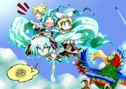Rule 34 | 1boy, 3girls, :d, ^ ^, aircraft, airplane, annoyed, aqua eyes, aqua hair, aura, bad id, bad pixiv id, bird, blonde hair, blue eyes, closed eyes, contrail, day, closed eyes, flying, foreshortening, givuchoko, hair ornament, hair ribbon, hairclip, hatsune miku, hatsune miku (append), highres, kagamine len, kagamine rin, long hair, multiple girls, necktie, open mouth, pointing, ribbon, sky, smile, squiggle, twintails, very long hair, vocaloid, vocaloid append