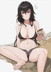 Rule 34 | 1girl, barefoot, bikini, bikini under shorts, black bikini, black hair, breasts, cleavage, closed mouth, collarbone, cup, feet, hair between eyes, highres, holding, holding cup, large breasts, looking at viewer, micro shorts, navel, open fly, raven branwen, red eyes, revision, rwby, shorts, sitting, soles, solo, spill, stomach, swimsuit, thighs, toes, wangxiii, wet
